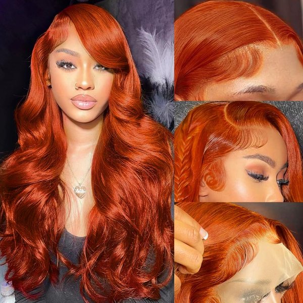 VKVL Ginger Lace Front Wigs Human Hair Pre Plucked 26 Inch 200% Density Hd Lace Front Wigs Human Hair 13x4 Ginger Orange Body Wave Lace Frontal Wigs Human Hair Colored Glueless Wigs