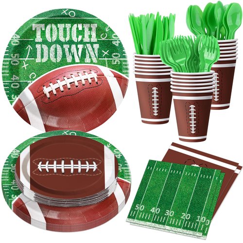 Football Party Supplies Kit Football Party Dinner Plates, Dessert Plates, Napkins, Cups and Cutlery for Football Birthday Party Football Tailgate Party Decorations, Serve 24 Guest