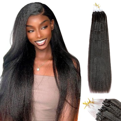 CurlyPark Yaki Straight Microlink Hair Extensions Human Hair Full Bottom Natural Color Micro Links Hair Extensions for Black Women 100 Strands 20 Inches