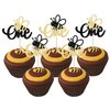 24Pcs Bumble Bee One Cupcake Toppers Glitter 1st Birthday Party Cupcake Picks Decorations for Bee Theme Baby Shower Kids First Birthday Party Supplies