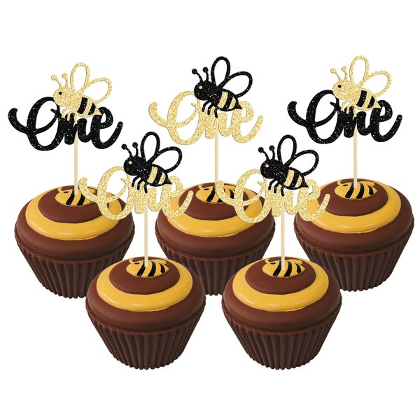 24Pcs Bumble Bee One Cupcake Toppers Glitter 1st Birthday Party Cupcake Picks Decorations for Bee Theme Baby Shower Kids First Birthday Party Supplies