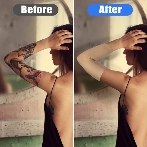 2 Pairs Full Forearm Tattoo Cover Up Compression Sleeves Band Concealer Support UV Arm Sleeves for Women Men (Nude,7.1 x 3.9 Inch)