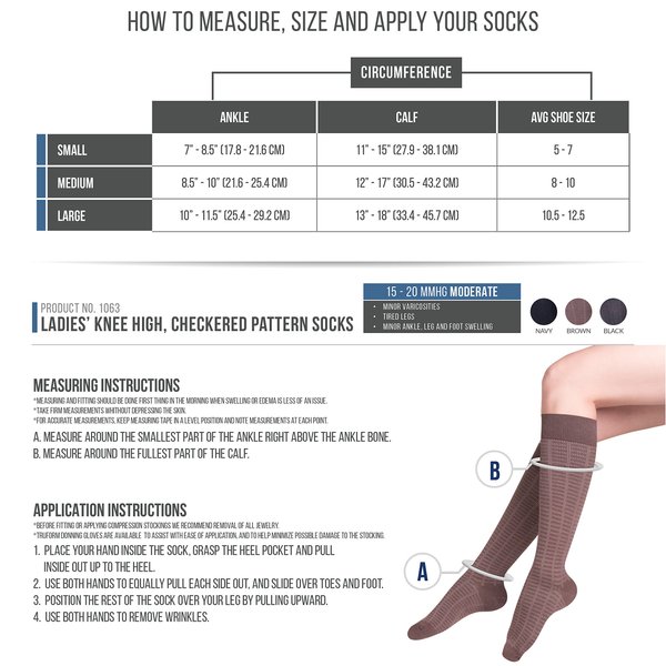 TOUCH Compression Socks for Women, 15-20 mmHg, Checkered, Cotton, 1 Pair, Navy, Small
