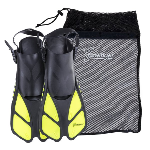Seavenger Torpedo Swim Fins | Travel Size | Snorkeling Flippers with Mesh Bag for Women, Men and Kids (Yellow, L/XL)