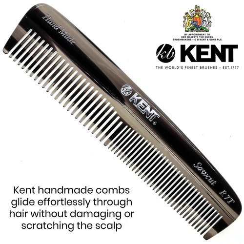 Kent R7TG Graphite Double Tooth Hair Pocket Comb, Small Fine/Wide Tooth Comb For Grooming Styling Hair, Beard and Mustache, for Men, Women and Kids. Saw Cut and Hand Polished. Handmade in England