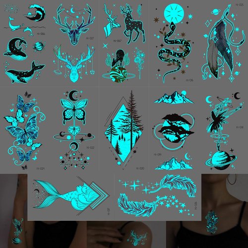 Blue Glow In The Dark Temporary Tattoos For Women Girls,12 Sheet Glow Theme Party Tattoos Stickers with Luminous for Adults Kids Glow In The Dark Party Makeup Party Favors (Enchanted Forest)
