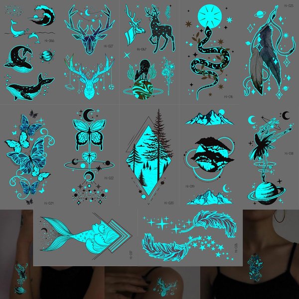 Blue Glow In The Dark Temporary Tattoos For Women Girls,12 Sheet Glow Theme Party Tattoos Stickers with Luminous for Adults Kids Glow In The Dark Party Makeup Party Favors (Enchanted Forest)