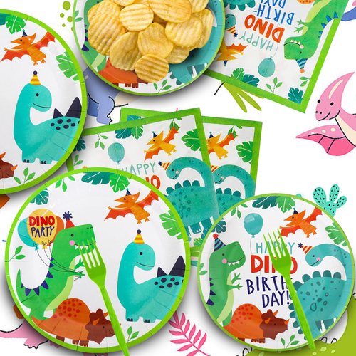 96 Pcs Dinosaur Party Supplies, Dinosaur Theme Birthday Party Decoration Includes Plates Napkins Forks, Dino Tableware Set for Boys Kids Birthday, Serves 24 Guests