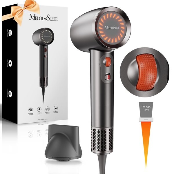 MelodySusie Hair Dryer - First Ever Stepless Speed Ionic Hair Dryer, 1600W Professional Fast Drying Blow Dryer,120,000 RPM, Low Noise Damage Free Hair with Thermo-Control,Perfect Gifts-Black
