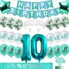 10th Birthday Decorations for Girls-Teal Glitter Double Digits 10 Cake Topper and It’s my 10th Birthday Sash, Silver 10tht Birthday Crown,Teal Happy Birthday Banner Number 10th Birthday Foil Balloons