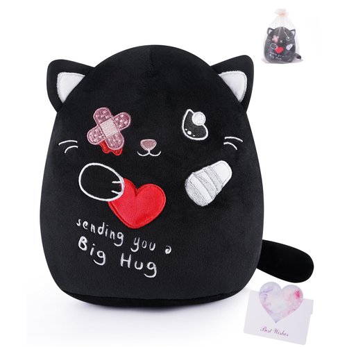 LeYoHa Get Well Soon Cat Plush - Black Cat Stuffed Animals Plushies Toys with Band-Aid, Kids' Pillow Cushion, Gifts for Patient Girls Boys, 8 Inch