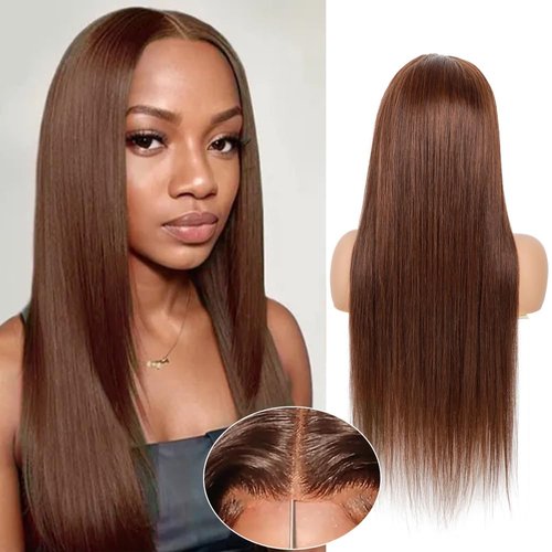 BLY Chocolate Brown Wear and Go Glueless Wigs Ready to Wear Straight Human Hair Wig Lace Pre Cut Pre Plucked 4x4 HD Transparent Lace Front Wigs #4 Brown Colored Wig 180% Density 20 Inch