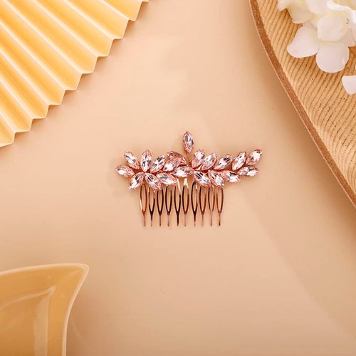 Chargances Bride Wedding Rhinestone Hair Comb Pink Crystal Hair Side Comb Fashion Handmade Headpiece Bridal Hair Accessories for Wedding Prom Flower Girl (Pink)