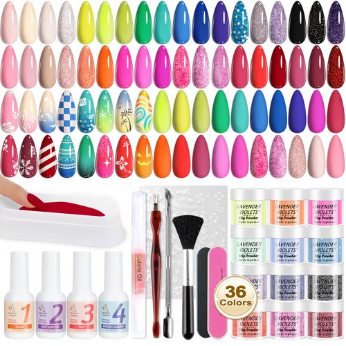 Lavender Violets 48 Pcs Dip Powder Nail Kit Starter, 36 Colors Dipping Powder with Dip Powder Liq...