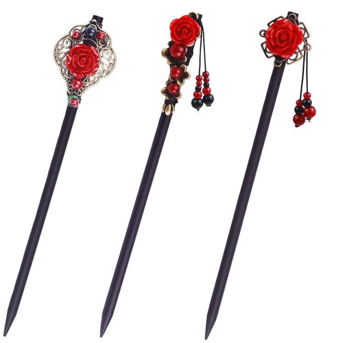 3 Pieces Retro Wooden Hair Sticks with Tassels and Flowers - Vintage Handmade Rose Hair Accessori...