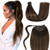 LaaVoo Pony Tails Hair Extensions Real Human Hair Balayage Dark Brown to Light Brown Real Hair Extensions Ponytail 16 Inch Human Hair Ponytail Extensions for Black Women Double Weft 80 Gram