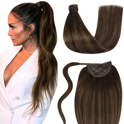 LaaVoo Pony Tails Hair Extensions Real Human Hair Balayage Dark Brown to Light Brown Real Hair Extensions Ponytail 16 Inch Human Hair Ponytail Extensions for Black Women Double Weft 80 Gram