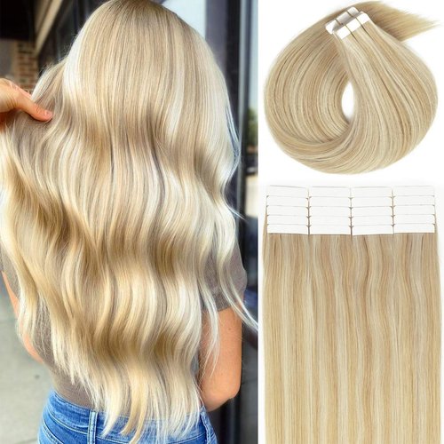 Lacerhair Hair Extensions Tape in Human Hair 16 Inch Straight Skin Weft Remy Human Hair Ombre Dark Ash Blonde Highlighted with Light Platinum Blond Color P#18/60A 20PCS 50G Tape in Hair Extensions