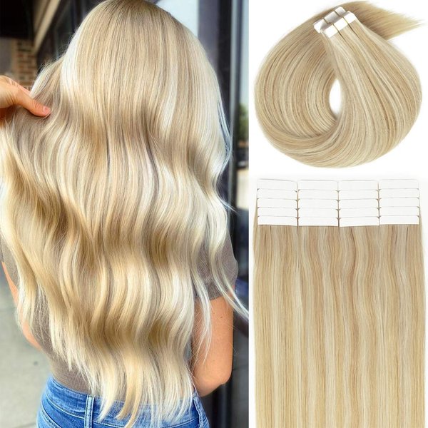 Lacerhair Hair Extensions Tape in Human Hair 16 Inch Straight Skin Weft Remy Human Hair Ombre Dark Ash Blonde Highlighted with Light Platinum Blond Color P#18/60A 20PCS 50G Tape in Hair Extensions