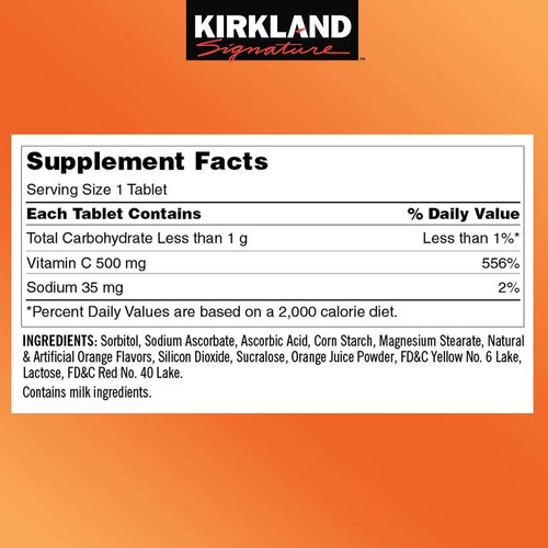 Kirkland Vitamin C (500 mg), Tangy Orange, Chewable Tablets, 500 Count