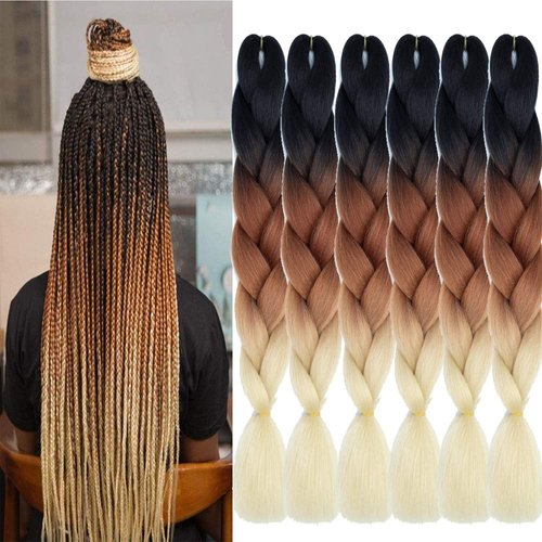 SHUOHAN 6 Packs Ombre Jumbo Braiding Hair Extensions 24 Inch High Temperature Synthetic Fiber Hair Extensions for Box Braids Braiding Hair (Black to Brown to Beige)