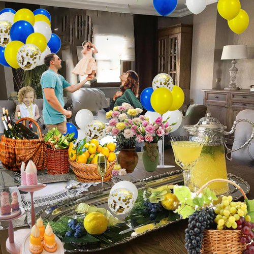 Caiyungu Blue and Yellow Balloons,12Inch 70Pcs Dark Blue Yellow White Balloon and Gold Confetti Party Balloons for Birthday Party Decorations Weddings and Graduation