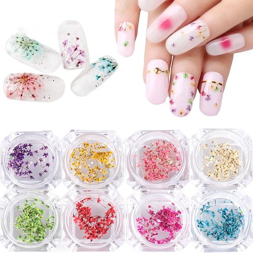 WOKOTO 8 Boxes Mini Dry Flowers Nail Art Stickers 3D Spring Floral Nail Decals charms Colorful Natural Dried Flowers Nail Stickers Mini Real Nail Flower Charms Set for Women Girls Nail Decorations