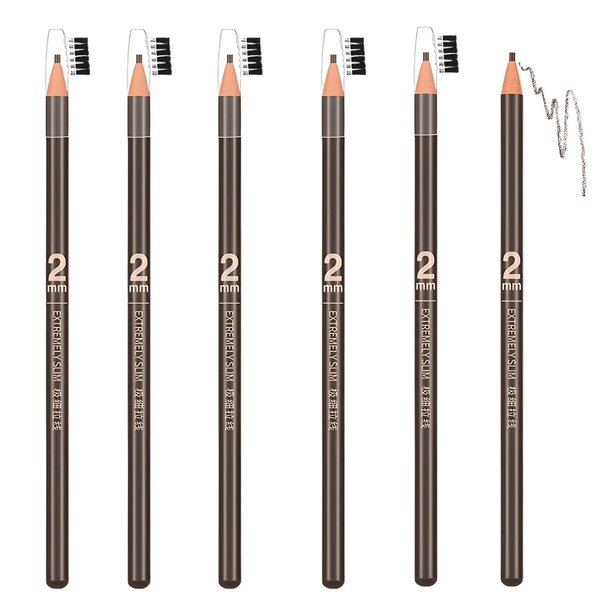 6pcs 2mm Ultra-Thin Eyebrow Pencil with Brush Waterproof Long-Lasting Slim Eyebrow Pencil Peel off Microblading Mapping Pencils (#07 Peach Brown)