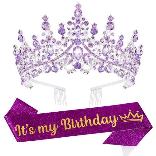 VELSCRUN Purple Crystal Birthday Tiara Crowns for Women Girls It's My Birthday Sash Queen Girls Princess Crown with Combs Happy Birthday Party Decorations Mom Sisters Birthday Gift Hair Accessories