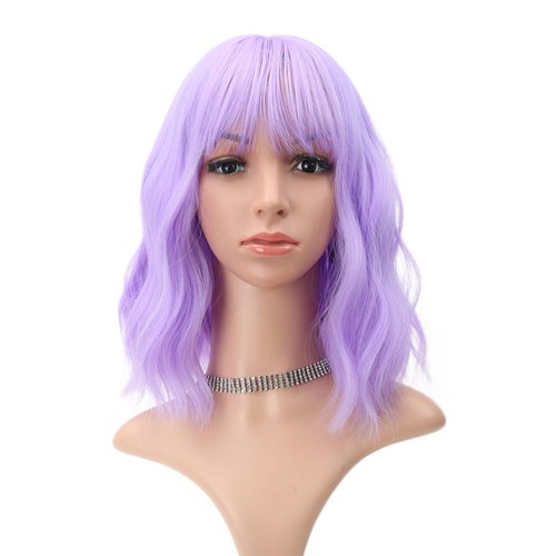 FAELBATY Wavy Wig Short Purple Wigs With Air Bangs Shoulder Length Wig For Women Curly Wavy Synthetic Halloween Cosplay Wig for Girl Costume Wigs (12" Purple Color)
