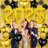Black Gold Happy New Year Decorations 2025 Happy New Year Letter Foil Balloons Gold Fringe Curtains Backdrop Pom Poms Balloons Arch Garland Kit for New Years Eve Party Favors Supplies