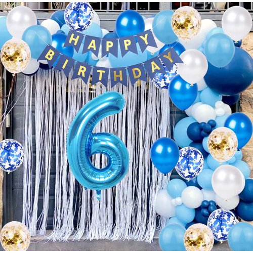 6th Birthday Decorations for Boys Girls, Blue Gold Number 6 Foil Balloon Banner for 6th Party Supplies Child 6 Years Old Theme Birthday Party Decorations(6th)