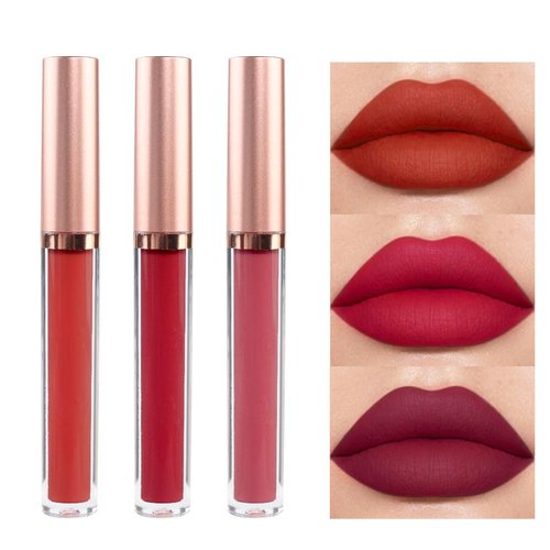 CAKAILA 3Pcs Dark Red Matte Velvet Lipgloss Set,Brick Red Scarlet Red Plum 24 Hour Waterproof and Smudgeproof Non-Stick Cup Red Lipsticks for Women Set Natural Gloss Finish Full-Coverage Lip Color