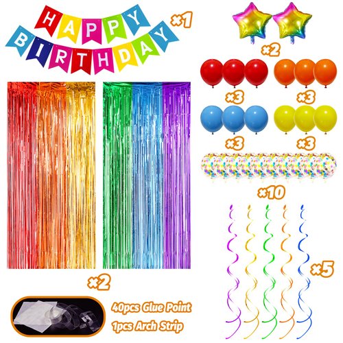 Colorful Birthday Decorations, Birthday Party Supplies for Men Women Boys Girls with Rainbow Happy Birthday Banner, Confetti Balloons, Fringe Curtain, Heart Star Foil Balloons, Hanging Swirls