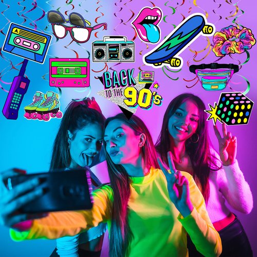 48 Pieces 90s Theme Party Decorations Kit 90s Retro Party Hanging Swirls Colorful 1990's Hip Hop Throwback Birthday Party Ceiling Streamers Ceiling Decor for 1990s Hip Hop Disco Rock and Roll Party