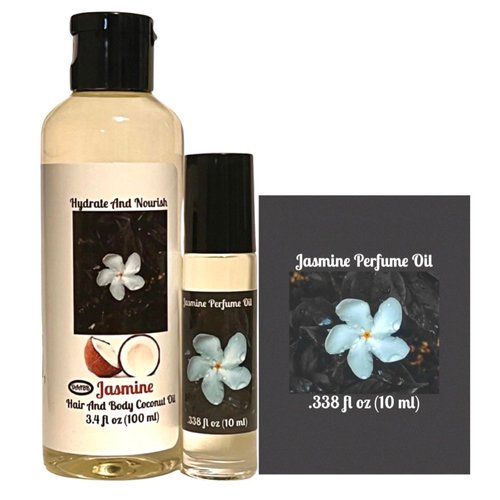 2 Pack Jasmine Oil for Skin, Hair & Nails. Multi-Use Body Oil and Roll-On Perfume Oil Set. Jasmine Scent Coconut Oil for Body Massage. 3.4 Fl oz, 10ml