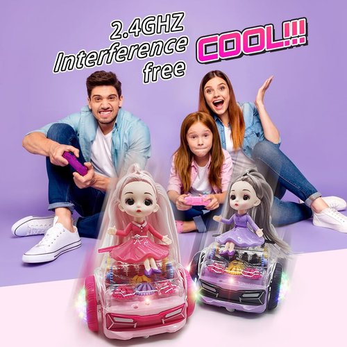 QUN XING Remote Control CAR for Girls 2.4G Lights up Music Spinning Gear Toys with Doll rc Cars for 4,5,6 Year Old Girls Kids, Xmas Birthday Gifts Purple