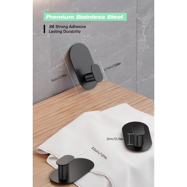 Aikzik Adhesive Hooks, 4 Pack Wall Mount Hooks, Max 18LB Load Sticky Hooks for Hanging Robes, Towels, Hat, Clothes, No-Drilling Stainless Steel Hooks for Bathroom, Bedroom, Kitchen