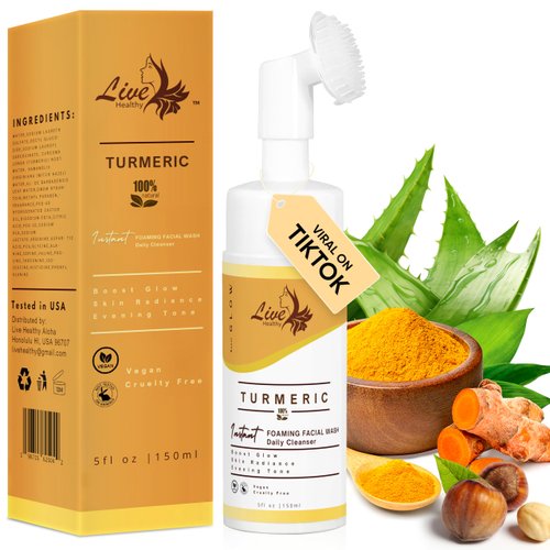 Live Healthy Turmeric Foaming Face Wash - Turmeric Face Wash with Brush, Deep Cleansing, Gentle, Facial Cleanser, Makeup Remover, Natural Formula for Acne, Blackhead & Oil Control, Hydrating - 150ml