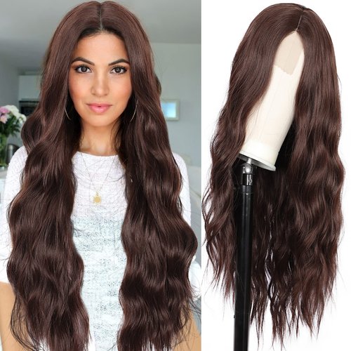 Kalyss 26“ Edge Synthetic Partial Lace Front Curly Wigs Long Brown Body Wavy Wigs for Woman Cente...