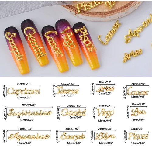 DANNEASY 36pcs Zodiac Nail Charms Dangle Nail Letter Charms Nail Rhinestones Alloy Nail Jewels 3D Nail Art Charms Virgo Leo Aries Taurus Gemini Capricorn Nail Decoration Jewelry for Acrylic Nails