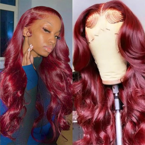 20 Inch Burgundy Lace Front Wig Pre-Plucked with 13x4 HD Lace Frontal Human Hair Body Wave wigs for Black Women 180% Density and Mesmerizing 99J Colored Human Hair Lace Front Wigs
