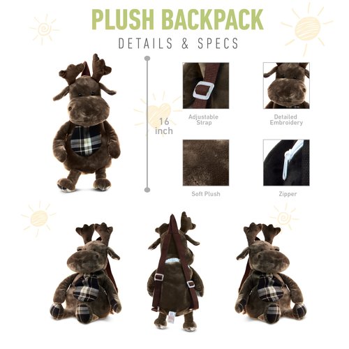 Puzzled DolliBu Moose Stuffed Animal Backpack - Super Soft Plush Stuffed Animal Bag for Children Accessories, Kids First Travel Plush Bag Toy for Boys & Girls- 14"