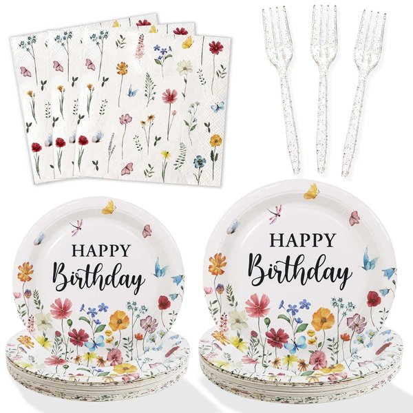 Lopeastar 100Pcs Wildflower Party Decorations Plates Set, Floral Paper Plates Napkins and Forks Flower Birthday Decorations for 25 Guests