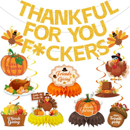 Thankful for You Banner Thanksgiving Party Decorations Include Gold Funny Banner Hanging Swirls a...