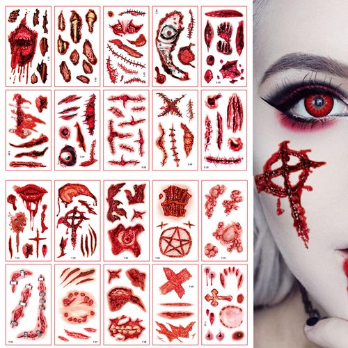 20 Sheets Halloween Scar Tattoos Horror Realistic Fake Bloody Wound Stitch Scar Scab Waterproof Temporary Tattoo Halloween Party Decorations For Women and men