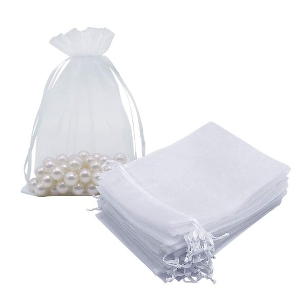 HRX Package White Organza Gift Bags 5x7 inch 100pcs, Mesh Jewelry Pouches Drawstring Bags Empty Sachet for Christmas Candy Present Wedding Giveaways