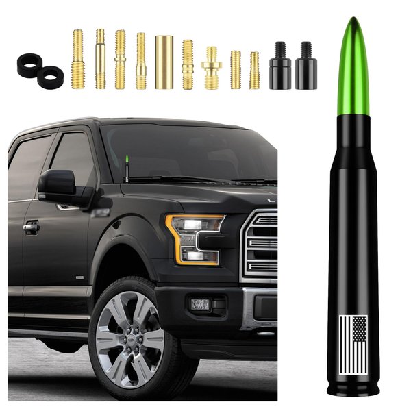 Car Bullet Antenna,Truck Exterior Decoration Accessories Antenna Toppers[New Upgrade Flag Design] AM/FM Radio Signal for Car SUV Truck Most Auto Cars Antenna Accessories Replacement(Green)