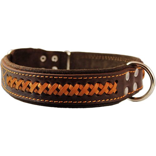 Genuine Leather Braided Dog Collar, Brown 1.5" Wide. Fits 17"-22" Neck.