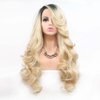Melody Blonde Wig With Dark Roots Long Wavy Gold Synthetic Lace Front Wigs For Women 180% Density Side Part with Upsweep to Make Face Smaller Heat Resistant Fiber Hair 24 inch